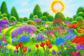 Garden Of Flowers In Sunshine Cartoon