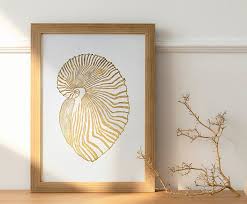 Gold Shell Art Original Artwork Linocut