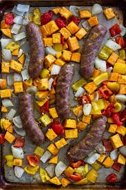 Lightly coat the potatoes with oil, salt, pepper and granulated garlic. Sheet Pan Sausage And Peppers With Sweet Potatoes Taste And Tell