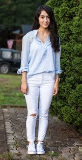White Jeans And Light Blue Shirt