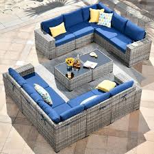 Hooowooo Crater Gray 12 Piece Wicker Outdoor Wide Plus Arm Patio Conversation Sofa Seating Set With Navy Blue Cushions