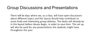 normal day from the first day the students will be seated in pairs 4 group discussions and presentations there will be days where we as a class will have open discussions about different topics and this layout should help