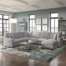 Bush Furniture Stockton 128w U Shaped Sectional Couch With Reversible Chaise Lounge In Light Gray Microsuede