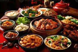 Chinese new year festival table over red background. Traditional lunar new  year food. AI Generated 24213914 Stock Photo at Vecteezy