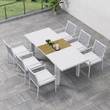 7 Pieces Outdoor Patio Dining Set Extendable Aluminum Wood Table Woven Rope Chairs