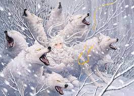 anime white wolves forest winter