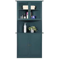 Veikous 18 In W X 35 In D X 71 In H Blue Corner Linen Cabinet Storage With Adjustable Shelves And Glass Doors In Blue
