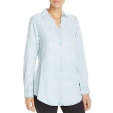 Foxcroft Nyc Womens Blue Chambray Printed Button Down Top