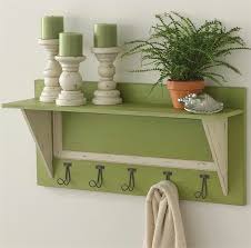 Green Wood Shelf With Coat Hooks