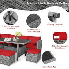 7 Pieces Patio Rattan Dining Furniture Sectional Sofa Set With Wicker Ottoman Red