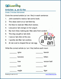 A series of reading comprehension worksheets for second grade (2nd grade). Article Worksheets A An The K5 Learning