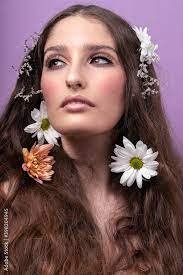 woman with flowers hippie makeup stock