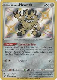 Meowth sings happily about their discovery, with the card's description noting that meowths love collecting round objects. Galarian Meowth Shining Fates Pokemon Trollandtoad