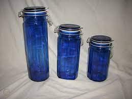 cobalt blue canisters 3 glass jars with