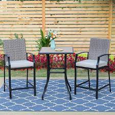 Phi Villa Black 3 Piece Metal Square Outdoor Bistro Patio Set With Wood Look Bar Table And Rattan Bistro Chairs With Beige Cushion