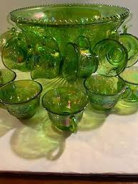 Vintage Green Carnival Glass Punch Bowl