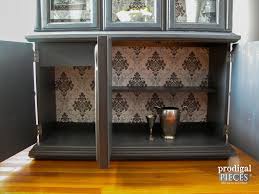china cabinet makeover with wallpaper
