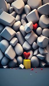 a wall of white cubes with a red heart