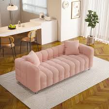 Modern 80 In W Slope Arm Velvet Upholstered Tufted Rectangle Sofa With Metal Leg 3 Seater Couch With 2 Pillows In Pink