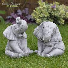 Elephants Pair Hand Cast Stone Garden