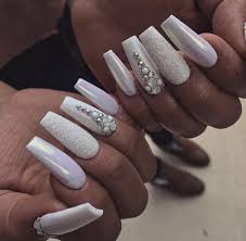 White With Glitter And Rhinestones Coffin Nails Nails