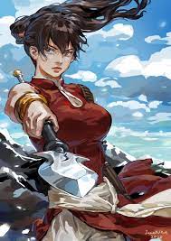 jane mere, balsa, seirei no moribito, highres, 1girl, artist name, black  hair, blue sky, bracelet, bracer, breasts, day, holding, holding spear,  holding weapon, jewelry, long hair, looking at viewer, medium breasts,  outdoors,