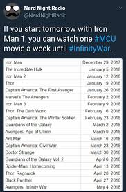 Here's how to watch the marvel movies in order (chronologically and by release date). If You Start Now You Can Watch One Mcu Movie A Week Until Infinity War Marvelstudios