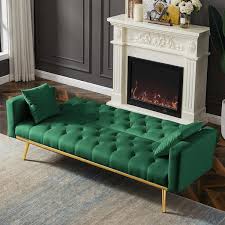 Green 73 2 In Upholstered Sleeper Sofa Velvet Futon Sofa Bed 3 Seater On Tufted With 2 Pillows Gold Metal Legs