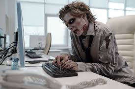 ugly man with zombie makeup working
