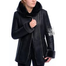 Womens Black Hooded Sheepskin Coat