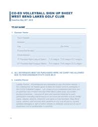 Fillable Online Co Ed Volleyball Sign Up Sheet West Bend Lakes Golf