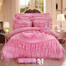 luxury pink lace wedding bedding set