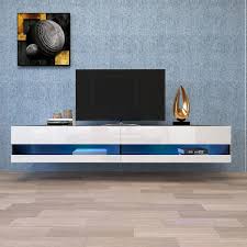 71 In White Modern Wall Mounted Floating Tv Stand 2 Locker Fits Tv S Up To 80 In With Rgb Light