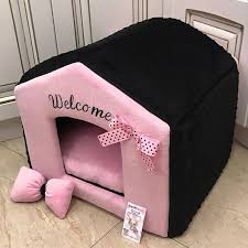 Personalized House Dog Bed Black Baby Pink