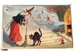 Tucks Halloween Postcard #150 Witch Leans On Broom Black Cat devils Wpitchfork.  | eBay