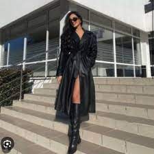 Long Faux Leather Trench Coat Black