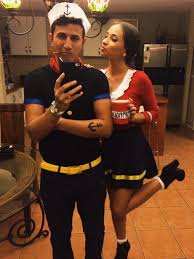 Popeye costume is a black sailor's shirt, blue pants with yellow belt, a sailor's hat, and his signature tobacco pipe. 75 Stylish Couples Costumes For Halloween 2017 For Creative Juice