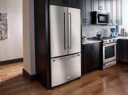 Most of the refrigerators today are around 33'' deep and that leaves quite a bit sticking out of the if they use a cabinet depth fridge, it's perfect depth. Kitchenaid 21 9 Cu Ft French Door Counter Depth Refrigerator Stainless Steel Krfc302ess Best Buy