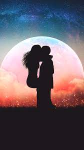 sweet couple silhouette full moon night
