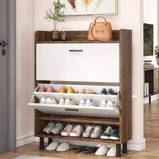 byblight 31 5 in w brown oak 24 pairs shoe storage cabinet free standing tipping bucket shoe cabinet for entryway