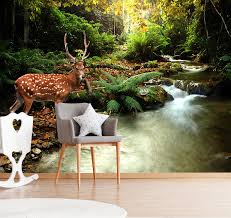 3d Green Forest Stream Deer Wallpaper