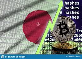 Japan Flag And Rising Green Arrow On Bitcoin Mining Screen