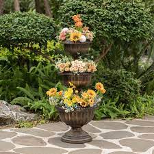 Gardenised Bronze Outdoor Garden Triple Stacked Flower Bowl Urn Tier Planter Decoration