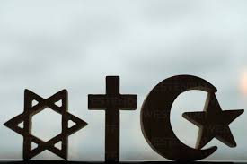 Christianity, Islam, Judaism, the three monotheistic religions in symbols  of Jewish Star, Christian Cross and Islamic