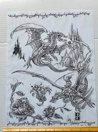 Vintage Art Tattoo Flash Sheet Judy Parker 1997 Dragons /T152 | eBay