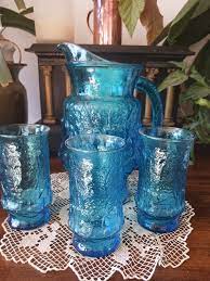 Blue Rain Flower Glass Pitcher