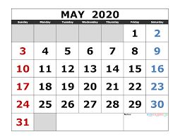 May 2020 Printable Calendar Template Excel Pdf Image Us