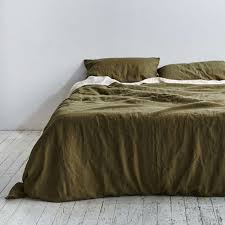 bed linens in shades of olive