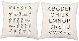 Roomcraft Set Of 2 Sign Language Letters Throw Pillow Covers 14x14 Square White Cotton Alphabet Chart Shams