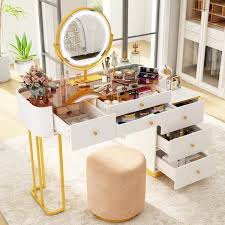 fufu a white wood big makeup vanity table dressing desk with gl top dimmable led lighted mirror 6 drawers